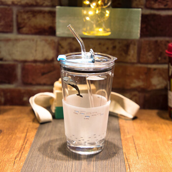 新款实用简约玻璃水杯吸管杯凉水杯果汁杯豆浆水杯子带吸管杯带盖的