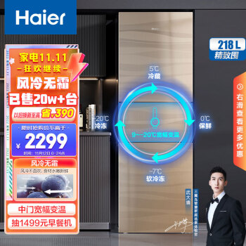 海尔 （Haier）218升风冷无霜三门冰箱干湿分储中门全温区变温DEO净味系统彩晶玻璃面板BCD-218WDGS
