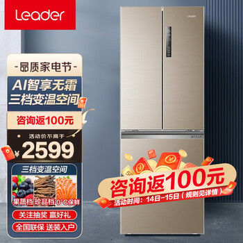 统帅（Leader）海尔出品冰箱335升法式多门电冰箱1级变频节能低噪平稳运行 风冷无霜AI语音智控 BCD-335WLDPGU1炫金拉丝