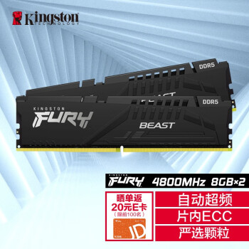 金士顿 (Kingston) FURY 16GB(8G×2)套装 DDR5 4800 台式机内存条 Beast野兽系列 骇客神条