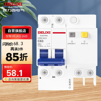 德力西(DELIXI)空气开关 HDBE63LE2C63 家用空开带漏保小型漏电保护断路器 2P63A