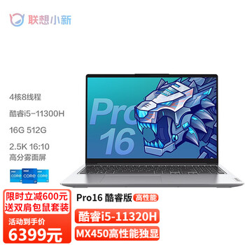 联想小新Pro16 16英寸超轻薄笔记本电脑标压11代酷睿i5独显游戏高性能轻薄本2.5K高清全面屏 i5-11320H 16G 1TB丨升级 MX450独显 2.5K护眼屏