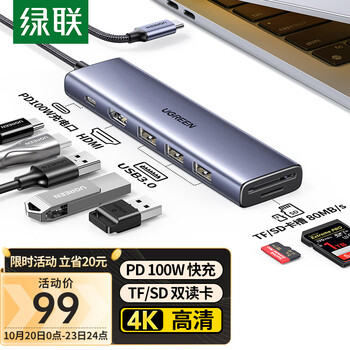 UGREEN 绿联 25401 6合1拓展坞（HDMI+HUB+读卡+PD）数码类商品-全利兔-实时优惠快报