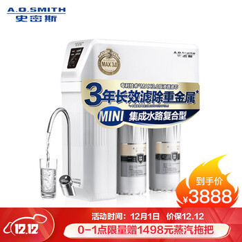 史密斯(A.O.Smith)家用净水器 有效滤除病毒及重金属 1.6升/分钟 无桶大流量 净水机 1600M 家电