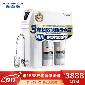 史密斯(A.O.Smith)家用净水器 有效滤除病毒及重金属 1.6升/分钟 无桶大流量 净水机 1600M 家电