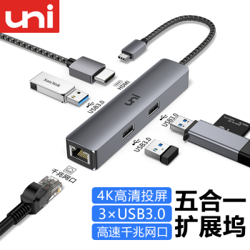 uni Type-C扩展坞USB-C转HDMI投屏千兆有线网卡转换器苹果笔记本电脑雷电3拓展坞 五合一【HDMI+千兆网口+USB3.0*3】