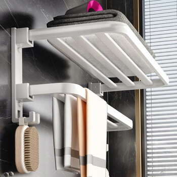 妙馨思 奶白色毛巾架置物架免打孔衣物放置收纳太空铝免打孔卫生间浴室架 白色双折叠浴巾架60CM全利兔-实时优惠快报