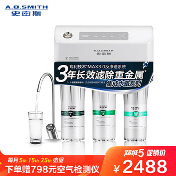 史密斯(A.O.Smith) 家用净水器 专利MAX3.0反渗透滤滤芯 标配专利智能龙头 有桶 净水机 R50VTC1 家电
