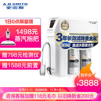 史密斯(A.O.Smith)家用净水器 有效滤除病毒及重金属 1.6升/分钟 无桶大流量 净水机 1600M 家电
