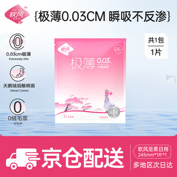 Pur lab 软风研究社 纳可卫生巾极薄0.03cm干爽透气 0绒毛浆瞬吸夜用姨妈巾245mm1片全利兔-实时优惠快报