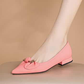 尚芝妍粗跟单鞋女尖头蝴蝶结中跟女鞋简约百搭通勤工作鞋春秋季新款浅