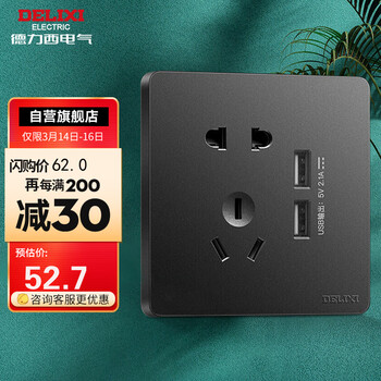 德力西(DELIXI)开关插座面板 CD821系列 二位USB五孔插座 磨砂黑大板