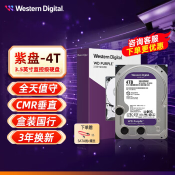 西部数据（WD） 紫盘  SATA接口  安防录像监控录像机 CMR垂直 3.5英寸台式机械硬盘 4TB 紫盘【WD43PURZ】