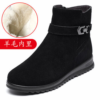 女士翻毛皮鞋高帮磨砂皮百搭加绒女平底女靴冬款加厚棉鞋妈妈鞋短靴