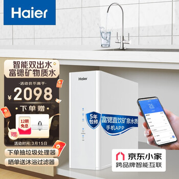 海尔(Haier) 山泉600G净水器家用 富锶矿泉水质直饮RO反渗透无桶大通量双出水纯水机HRO6H60-4