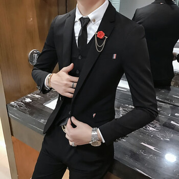 小西装修身潮流三件套男士商务休闲正装外套黑色西服马甲西裤衬衫5xl