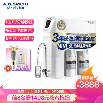 史密斯(A.O.Smith)家用净水器 有效滤除病毒及重金属 1.6升/分钟 无桶大流量 净水机 1600M 家电