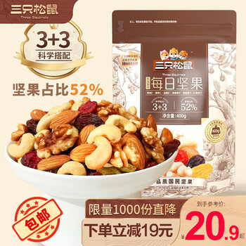 京喜小程序:三只松鼠每日坚果零食大礼包 3+3每日坚果400g袋装食品类商品-全利兔-实时优惠快报
