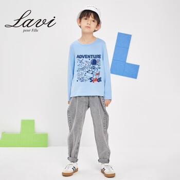 Lavi 马骑顿童装旗下LAVI男童长袖t恤水蓝色宇航员长袖上衣中大童 水蓝色滑板 130母婴玩具类商品-全利兔-实时优惠快报