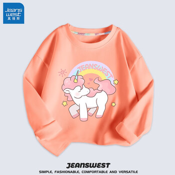 JEANSWEST 真维斯 儿童t恤纯棉女童春秋长袖中大童打底衫宽松可爱上衣女孩童装 橙 粉粉独角 110cm母婴玩具类商品-全利兔-实时优惠快报