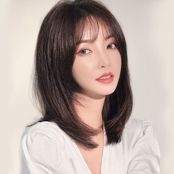 千丝雅 假发女长发全头套真发自然圆脸刘海真人发丝中长发初恋锁骨发套 全真发【35cm冷棕色】递针中分缝