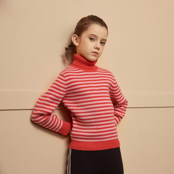 MQD童装女童高领条纹加厚毛衣儿童冬装新款儿童保暖百搭针织衫潮 粉红条 140cm