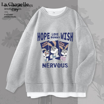 La Chapelle City 拉夏贝尔灰色假两件卫衣女秋季宽松oversize重磅卡通圆领上衣外套 灰-初恋兔 L服饰鞋包类商品-全利兔-实时优惠快报