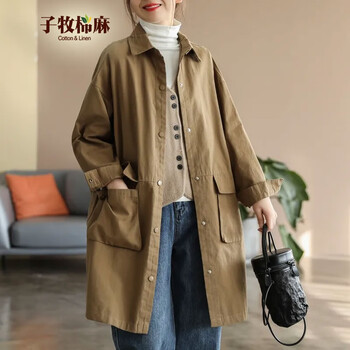 子牧棉麻 2023秋冬装 女文艺复古宽松百搭中长款风衣外套1970 咖色 M(建议95-115斤)服饰鞋包类商品-全利兔-实时优惠快报