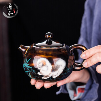 吾和漆器茶具名家手作连宏达手工犀皮建盏壶大漆中式家用泡茶壶黑色狗