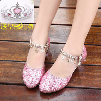 迪士尼disney女童凉鞋网红儿童高跟鞋童鞋女公主水晶鞋软底小女孩演出