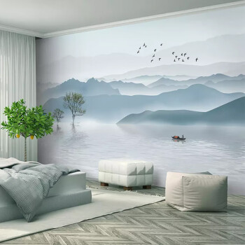 新中式水墨山水画背景墙壁纸简约客厅无缝壁画影视墙装饰 无缝5d立体