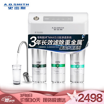 史密斯(A.O.Smith) 家用净水器 专利MAX3.0反渗透滤滤芯 标配专利智能龙头 有桶 净水机 R50VTC1 家电