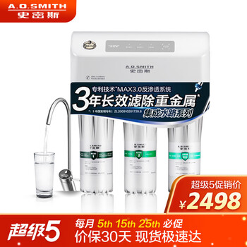 史密斯(A.O.Smith) 家用净水器 专利MAX3.0反渗透滤滤芯 标配专利智能龙头 有桶 净水机 R50VTC1 家电