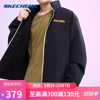 京东PLUS：SKECHERS 斯凯奇 男子休闲印花拉链开衫运动训练夹克梭织外套 L321M073 碳黑0018M服饰鞋包类商品-全利兔-实时优惠快报