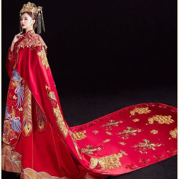 玺柠2021秀禾服披风红色新款新娘中式婚礼长拖尾披肩古装嫁衣凤冠霞帔