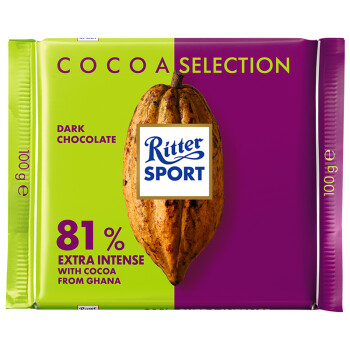 德国进口Ritter Sport瑞特斯波德（瑞特滋）加纳系列81%特浓黑巧克力100g运动排块巧克力