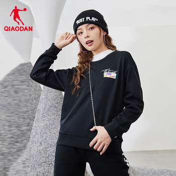 QIAODAN 乔丹 运动卫衣女秋冬季女士休闲宽松圆领套头衫上衣 黑色 L运动户外类商品-全利兔-实时优惠快报
