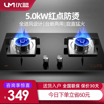 优盟(UM)燃气灶 煤气灶双灶头天然气液化气灶具大火力台式嵌入式两用双眼煤气炉灶猛火灶 标配|钢化玻璃面板+红点防烫+节能省气001LB (管道天然气12T)