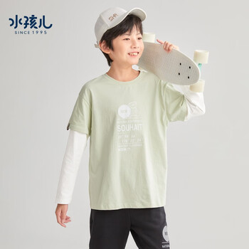 Souhait 水孩儿 童装男童女童圆领衫2023秋季新款儿中大童T恤假两件上衣亲肤百搭 杨桃绿 170母婴玩具类商品-全利兔-实时优惠快报