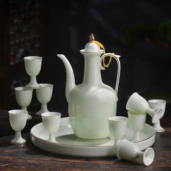 景德镇陶瓷器仿古中式酒具套装件酒壶白酒酒杯子青瓷分酒器家用梅青色