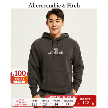 ABERCROMBIE & FITCH男女同款 美式复古刺绣Logo套头帽衫宽松运动抓绒卫衣321991-1 深灰色 XS (170/84A)