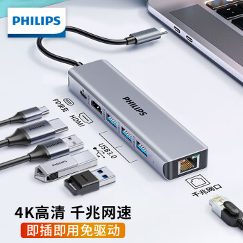 飞利浦type-c扩展坞网线口千兆USB-C转HDMI转接头usb3.0 华为苹果电脑转换器macbook m2笔记本ipad拓展坞6合1