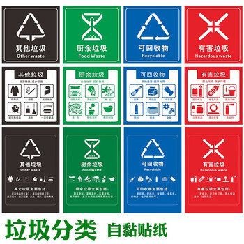 新国标版垃圾分类贴纸标识贴北京厨余可回收垃圾桶防水环保标签贴单张