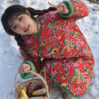 棉袄棉裤大花袄套装加厚棉衣女冬大棉袄民族风服装喜庆怀旧红色套装m