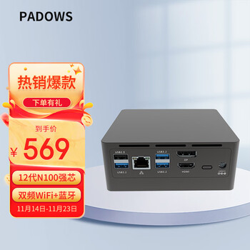 PADOWS迷你主机英特尔12代N100 mini电脑办公家用娱乐台式机（mini PC N100 准系统无内存硬盘）全利兔-实时优惠快报