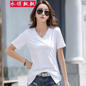 女式v领中长款上衣夏装女装衣服女生百搭时尚体恤棉小衫白色s8095斤