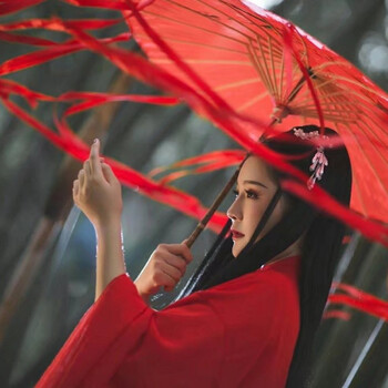 遮阳伞/雨伞 轻仙 《新品特惠》丝带伞复古 纱飘带手工伞红色绸布伞苏