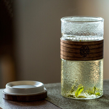 逸思源日式锤纹玻璃泡茶杯创意办公过滤带盖茶杯加厚家用耐热玻璃月牙杯 300毫升锤纹款