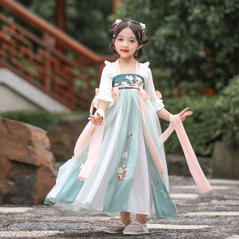 女孩子2021新款汉服女儿童短袖襦裙学生唐装连衣裙图片色小熊汉服无