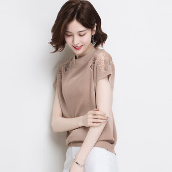 蜓秀夏季半高领冰丝短袖宽松套头纯色针织衫上衣薄款蕾丝小衫女 驼色 均码